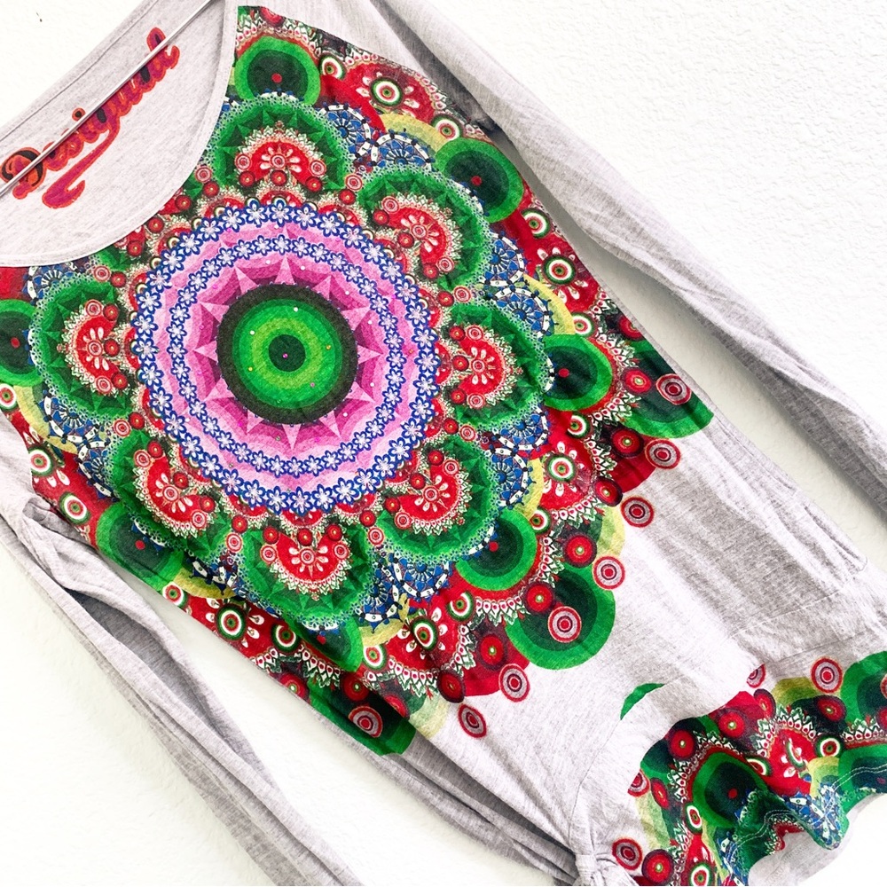 DESIGUAL tie up shirt tunic print XS long sleeve top embellished graphic